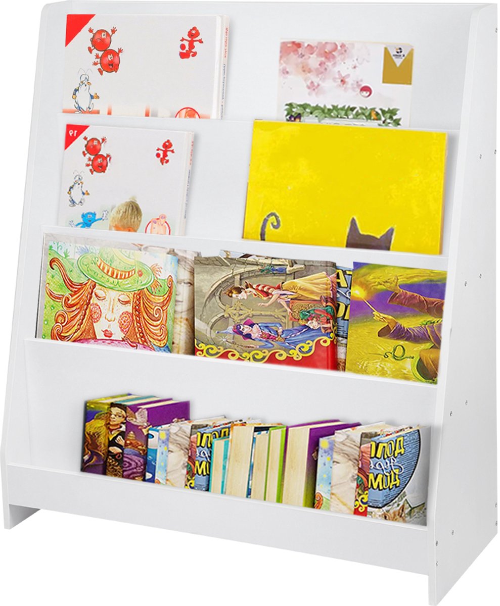 PIPIPOXER Kinderboekenkast voor kinderen krantenstandaard 4 planken 30*80*88cm, wit