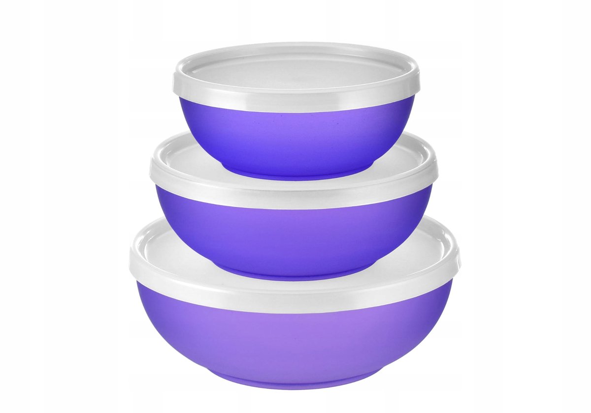 Set van 3 Blauwe Plastic Saladeschalen met Deksel - 16,5/14/12 cm