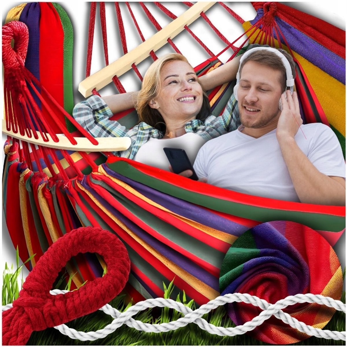 Grote XXL Hamak voor 2 Personen - 260x150cm - Katoen met Houten Spreidstokken