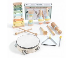 Joylux® Houten Muziekinstrumentenset 8-delig – Houten Kinderspeelgoed - Tamboerijn - Xylofoon - Triangel - Maraca's - Fluit - Rammelaar - Drumstok - Ribbelaar - Montessori Speelgoed