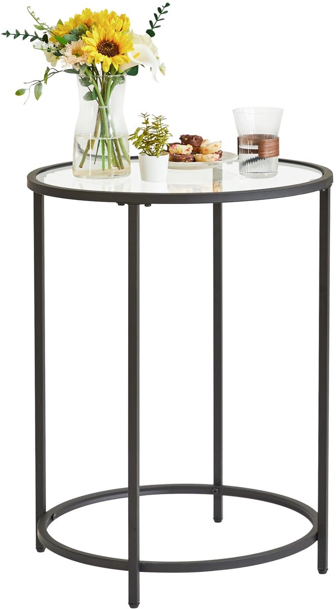 Unyqoos Ronde glazen bijzettafel met metalen frame voor woonkamer of kantoor zwart