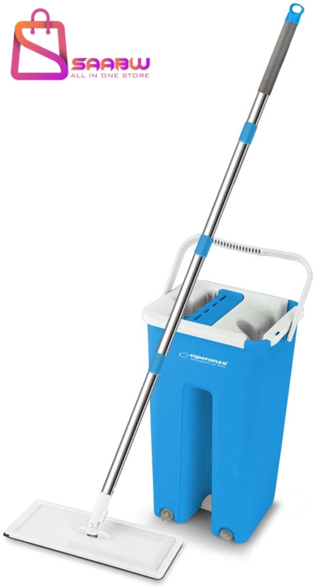 Vlakmop met was- en droogemmer – dweilset Perfect Clean – Microvezel dweil met 360° draaibare kop – Mop voor alle vloertypes – Roestvrijstalen steel – emmer met deksel – emmers – 64033
