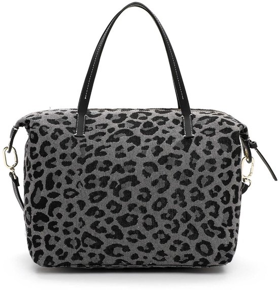 Grijze shopper met luipaardprint en zwarte handvatten. Met ritsvakken en een afneembare schouderband.