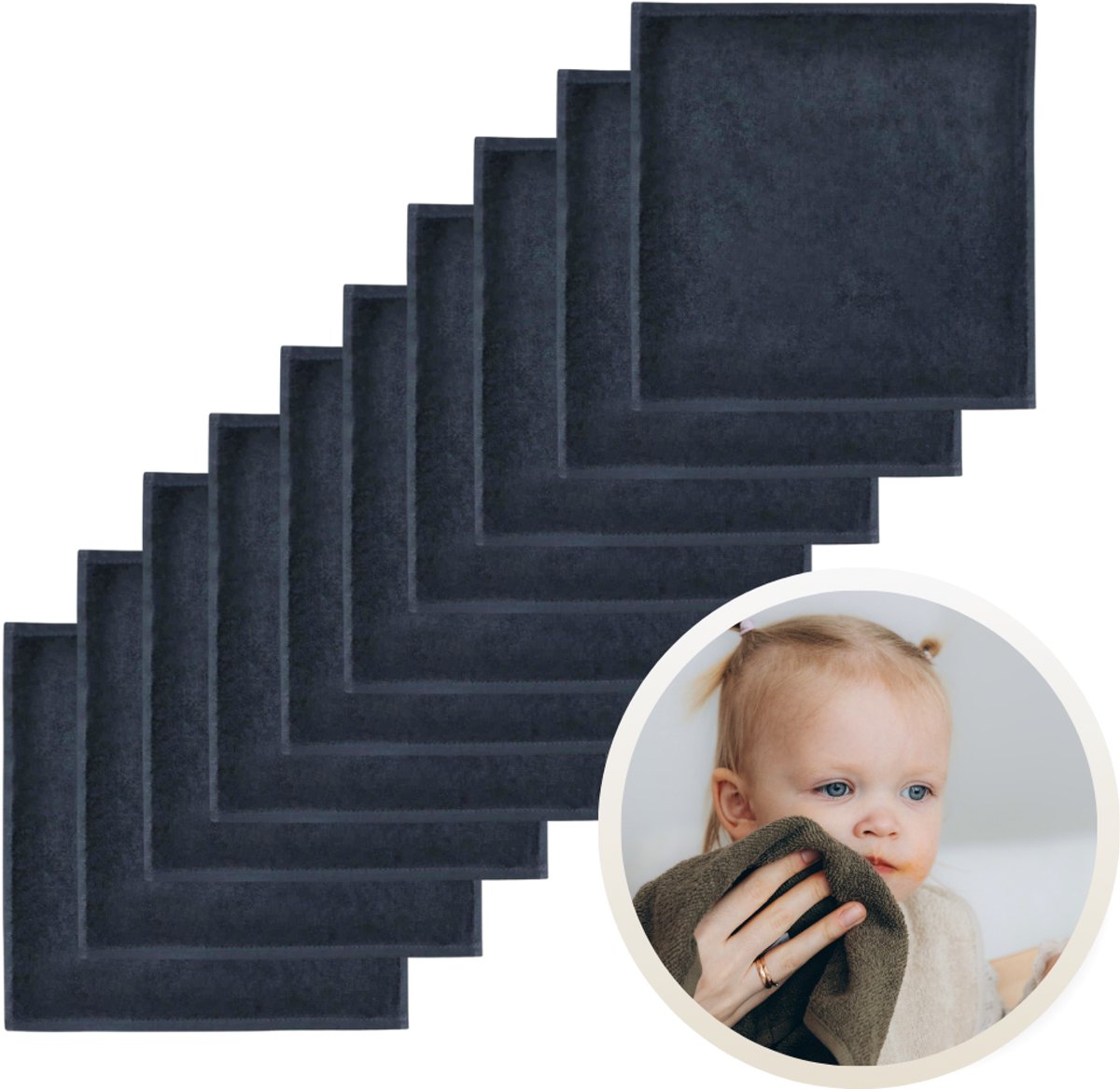 Funnies Spuugdoekjes 10-Pack Zwart - Set van 10 Zachte Spuugdoeken, Monddoekjes, Kwijldoekjes - 30x30 cm - 100% Katoenen Badstof - Absorberend, Sneldrogend en Zacht - Wasmachinebestendig - Perfect voor Gevoelige Babyhuid bij Voeden en Kwijlen