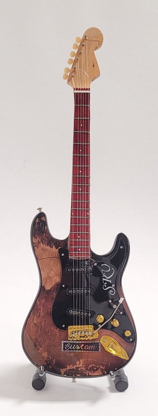Guitare miniature, corps brun vieilli, plaque noire, touche rouge et texte doré "Custom".