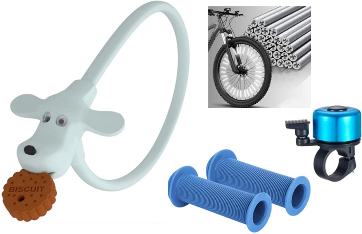 Rieba® Fietsslot 4-delige Set Blauw - Kinderslot voor Kinderfiets - Inclusief Fietsbel - Spaakversiering & Handvatten - Accessoires voor Kinderen - Fiets Kind - Blauw