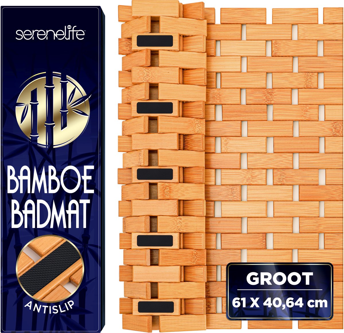 SereneLife Bamboe Bad- en Douchemat – Antislip Vloermat met Extra Grip – Lattenontwerp – Natuurlijke Afwerking – Voor Badkamer, Spa en Sauna – Opvouwbaar en Gemakkelijk te Reinigen