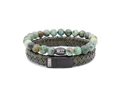 Milez - Armband set mannen - armband heren leer kralen - Groen - Maat S