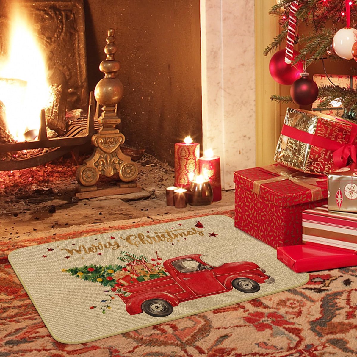 Unyqoos Kerstdag Vrachtwagenprint Deurmat 43x75 cm Voor Binnen en Buiten Kleurjik