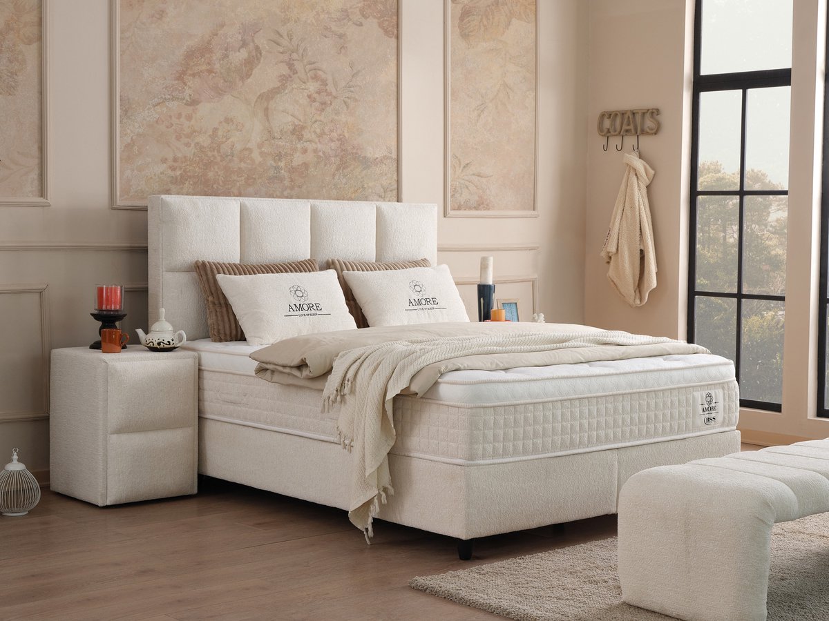 BSS Bedding Amore - Complete Boxspring - Boxspring 160x200 - Boxspring met Opbergruimte - Inclusief Dekbed - Bedden - Slaapkamerbed - 1 x Matras met Topper - 2 x Bedbox - 1 x Hoofdbord - Vlekbestendige & Gemakkelijk te Reinigen Stof