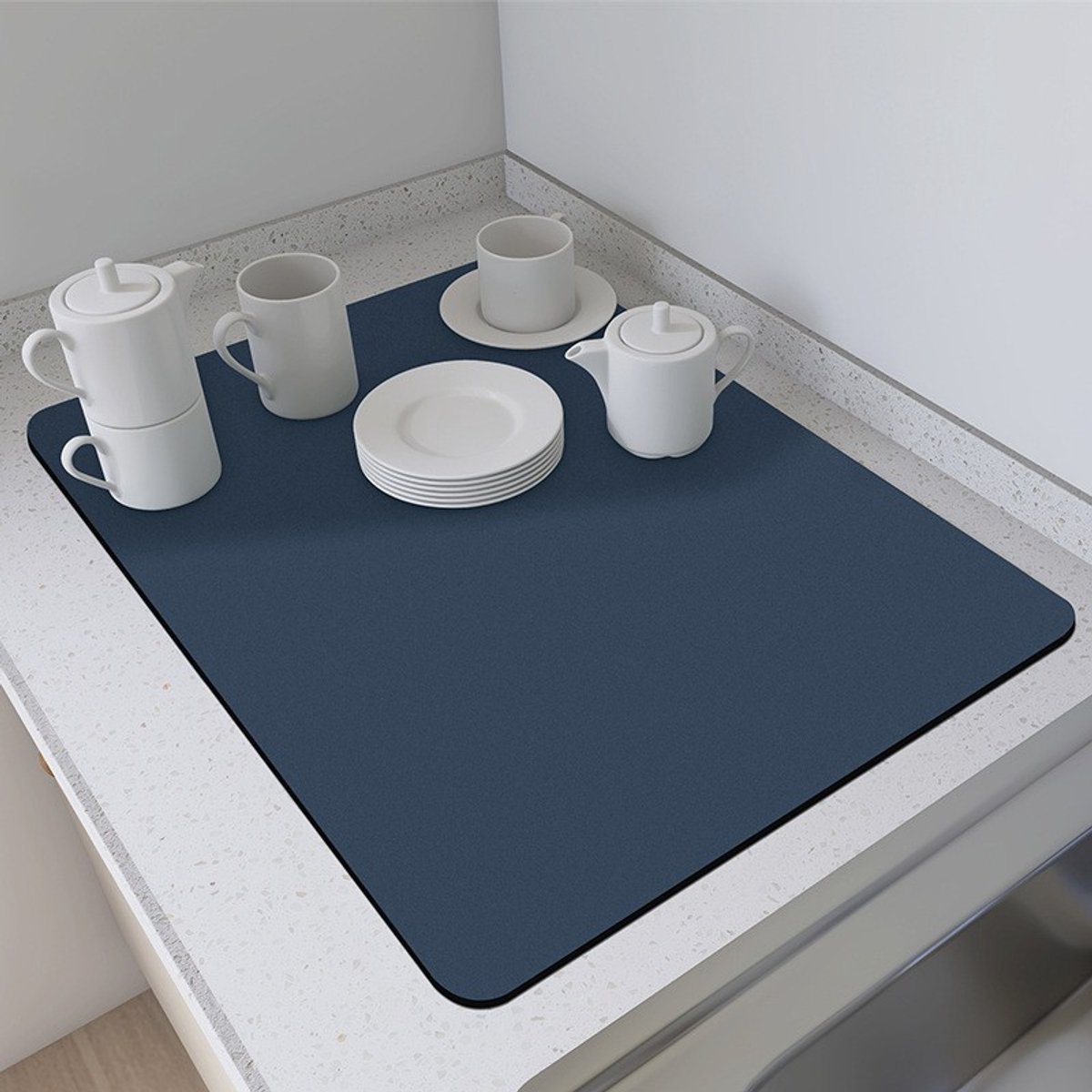 1 stuk afdroogmat, 50 x 80 cm absorberende afdroogmat, zelfdrogende mat, antislip aanrechtmat, barmat, barkoffiezetapparaatmat, placemat,Marineblauw