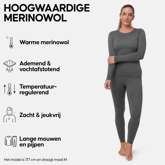 Model in een grijze thermokleding set met tekst: 'HOOGWAARDIGE MERINOWOL'. Afbeelding toont: warme merino, ademend & vochtafstransport, temperatuurregulerend, zacht & jeukvrij, lange mouwen en pijpen.