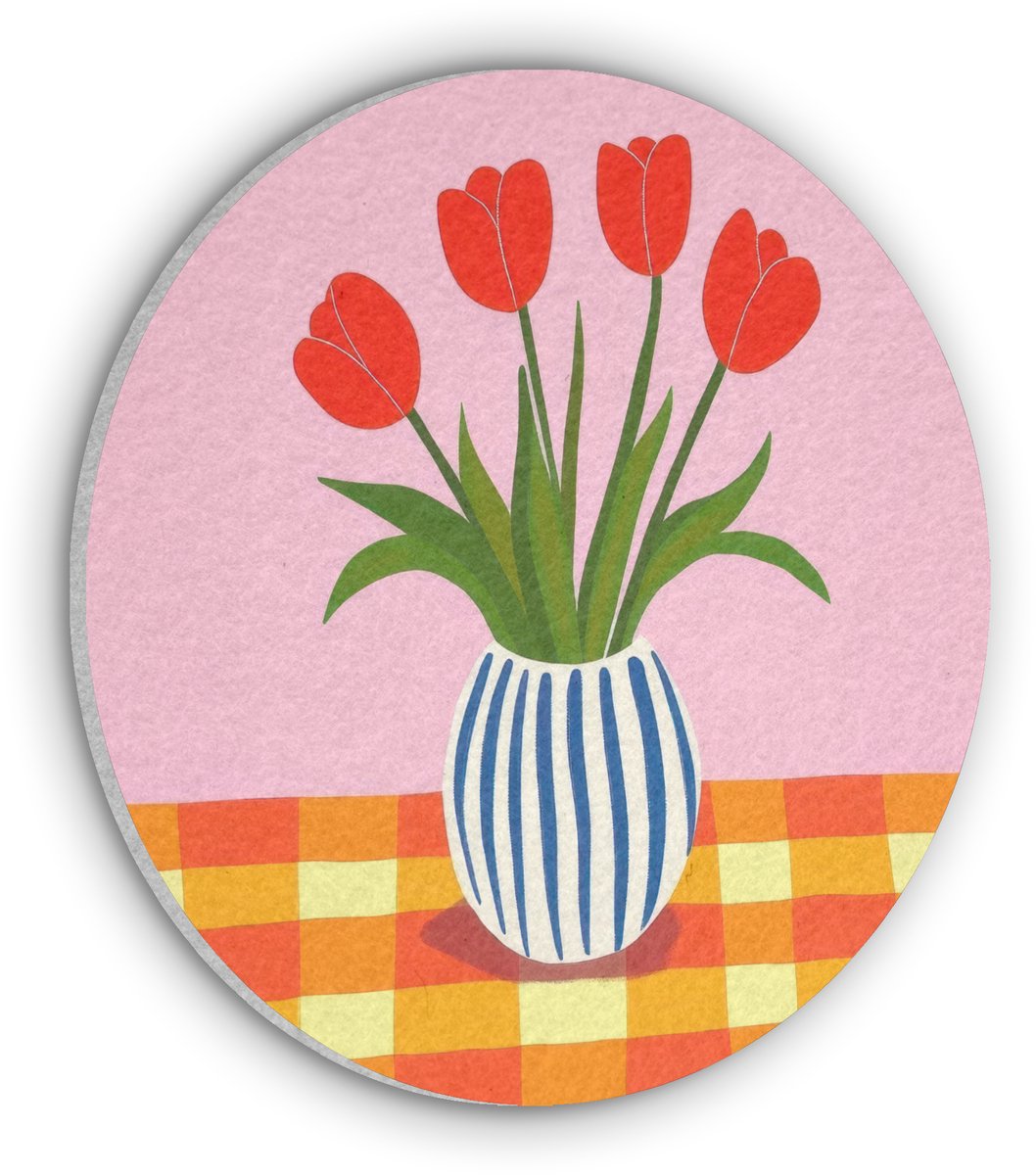 Akoestisch wandpaneel rond 30x30 cm - Vilt schilderij Tulpen - Roze - Vaas - Ronde akoestische panelen - Geluidsdempende wanddecoratie - Geluidsisolatie wandcirkel - Muurdecoratie geluidspanelen