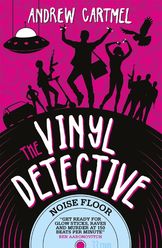 Boekomslag met silhouetten van mensen en een vliegende schotel, met de titel "The Vinyl Detective Noise Floor".
