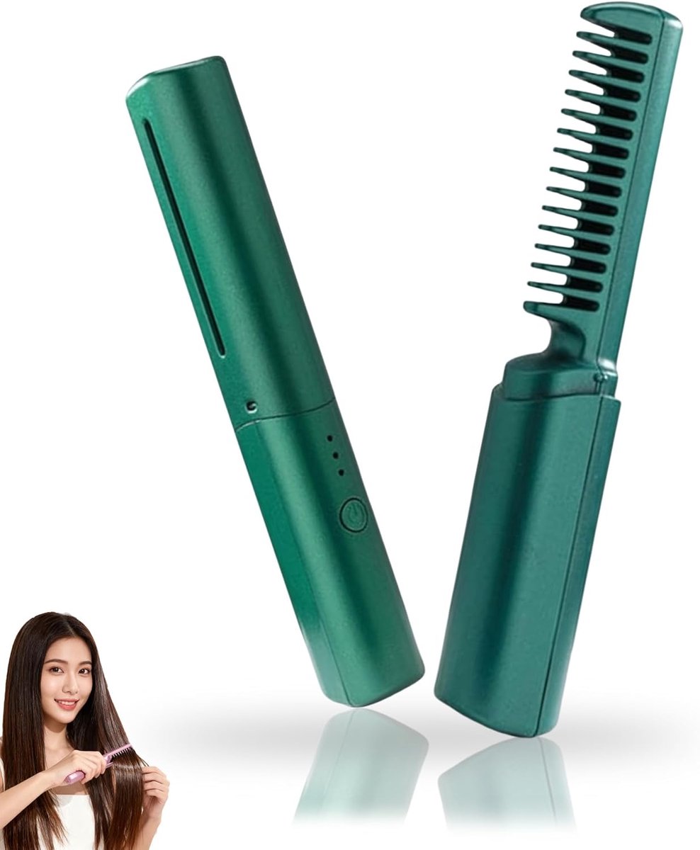 Nieuwste haarkam, draadloze stijl- en krultang, 2-in-1 snel verwarmende haarstylingtool, draagbare stylingtool voor alle haartypes (donkergroen)