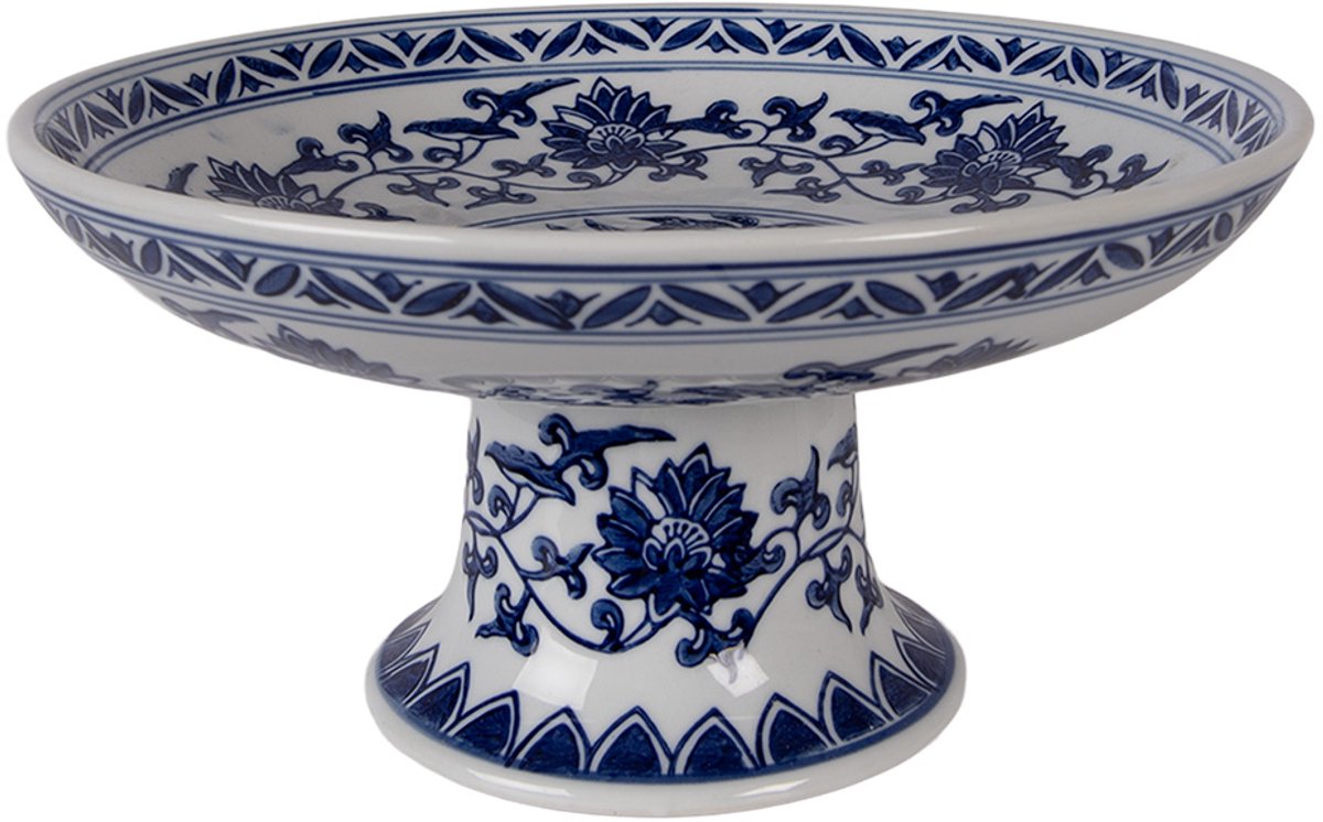 Clayre & Eef Taartplateau op Voet Ø 26x13 cm Wit Blauw Porselein