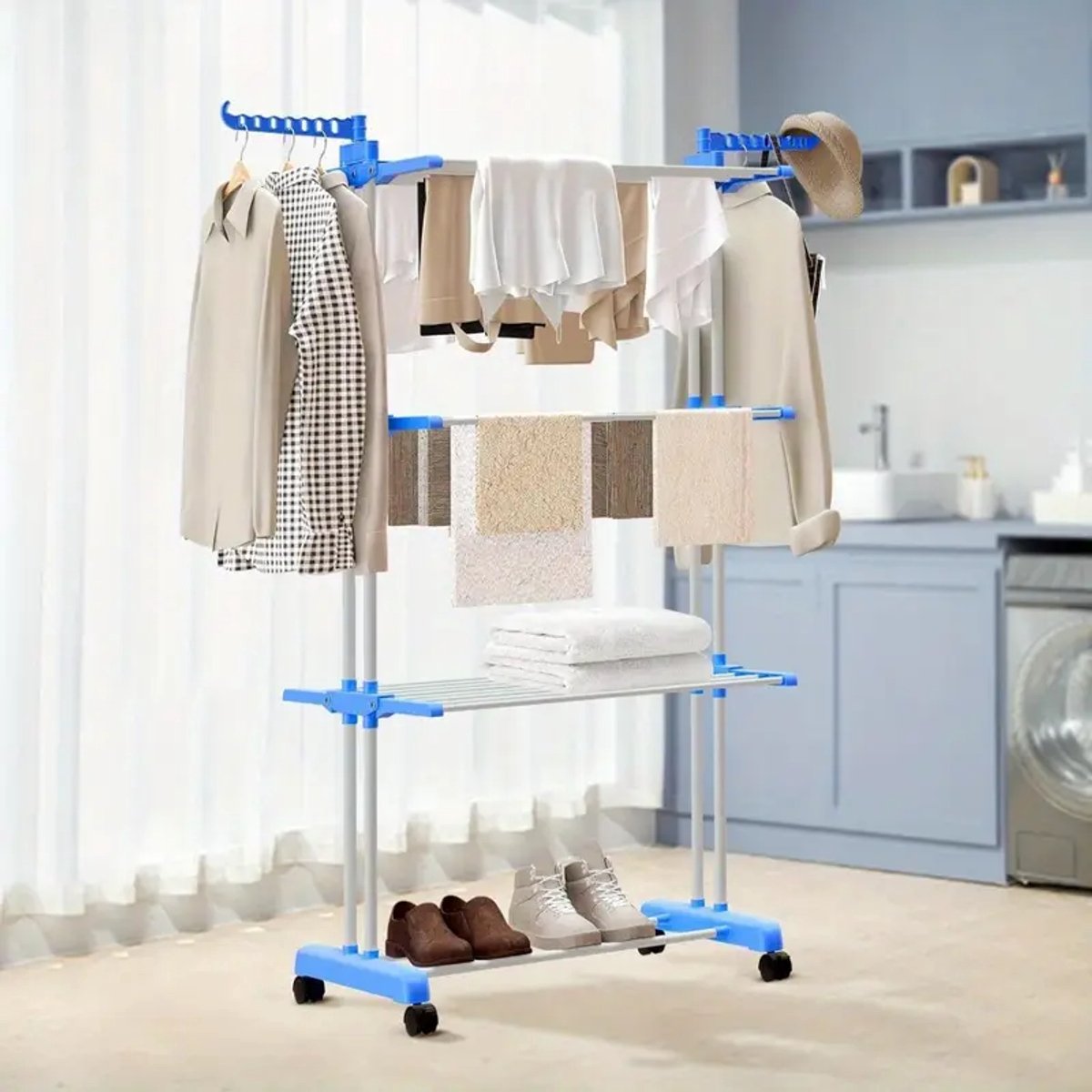 Opvouwbaar Droogrek met 3 Niveaus – 176 cm Hoog – Verrijdbaar en Ruimtebesparend – Blauw/Wit