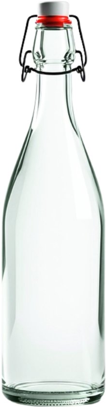 Een lege glazen fles van 1 liter met een witte beugelsluiting met rode accenten.