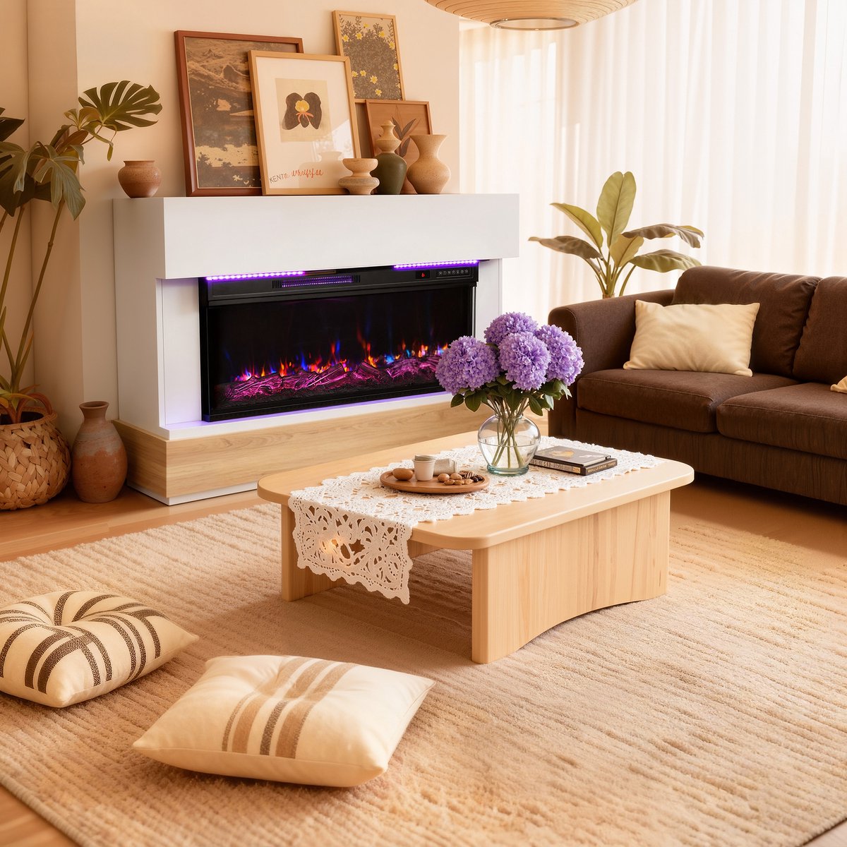 HOMAVO 36'' Elektrische Sfeerhaard met Meubel - 1000/2000W Elektrische Haard met Verwarming - Twaalf 3D-Vlammenkleuren - LED-strip - Timerfunctie - Oververhittingsbeveiliging