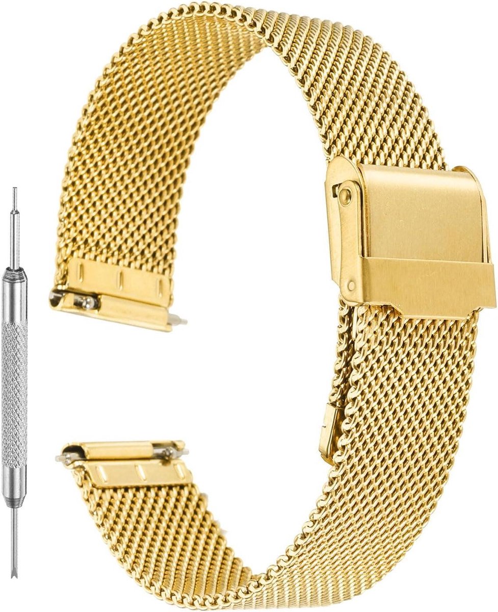 Mesh horlogeband roestvrij staal snelwissel armband verstelbaar extra bandje gereedschap geschenken 16 mm goud