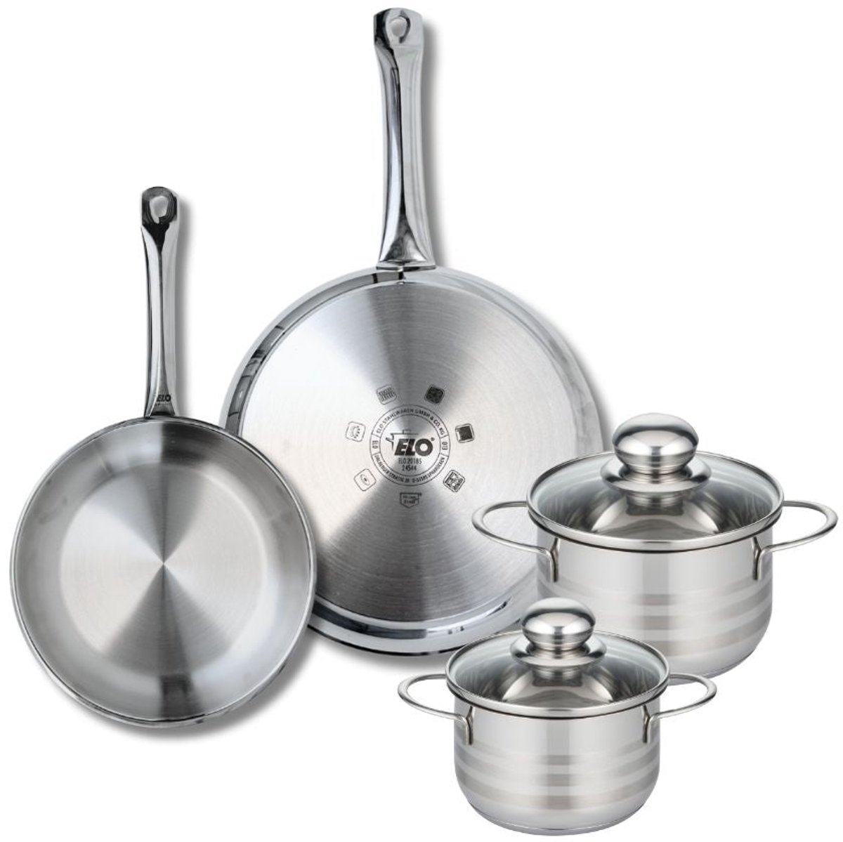 Set van 2 Koekenpannen 24 en 28 cm en 2 kookpotten 14 en 16 cm Elo Profi Brillant
