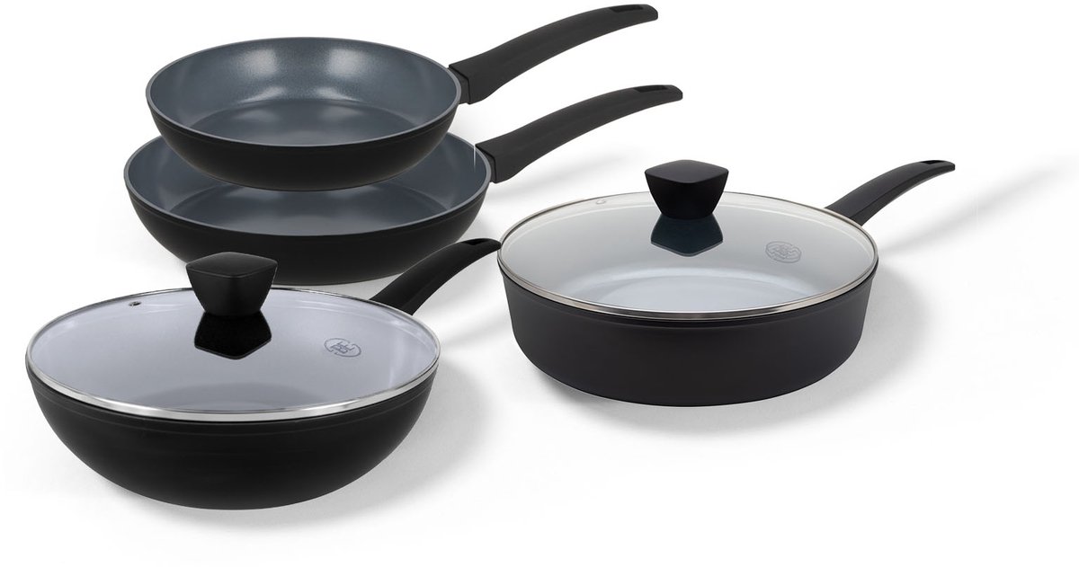 BE Living Pannenset 4-delig - Ø 24 & 28 cm Koekenpan + Ø 28 cm Hapjespan + Ø 28 cm Wokpan met Deksel - Koekenpannenset - Keramisch - Inductie Pannen - PFAS Vrij Anti Aanbak - Delight Series