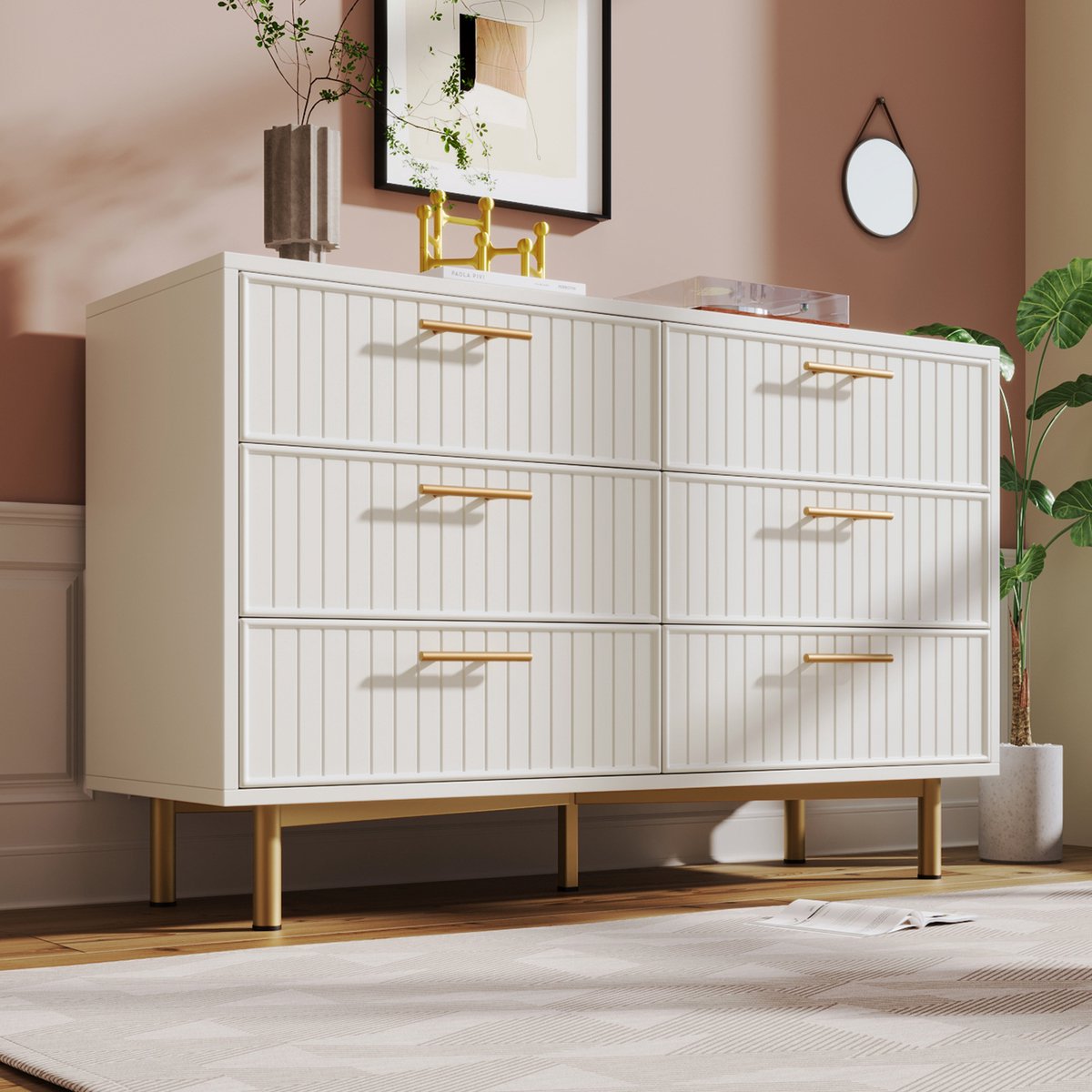 HAUSS SPOLE Dressoirs - 120x40x75 cm - Ladekast Met 6 Schubladen - Ruime Opbergkast Voor Woonkamer - Industrieel Design Kast - Metaal - Wit