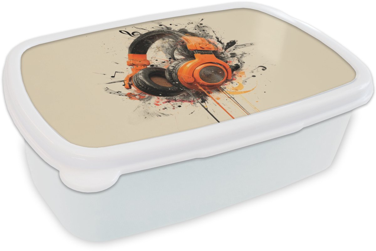 Broodtrommel Wit - Lunchbox Koptelefoon - Oranje - Explosief - Brooddoos 18x12x6 cm - Brood lunch box - Broodtrommels voor kinderen en volwassenen