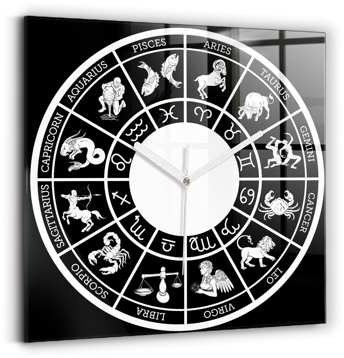Wallfluent Wandklok - Zodiacaal Unieke Wandklok - 30 cm x 30 cm - Zwart Wandklok - Witte Handen - Wandklok zonder cijfers - Wandklok Glas Woonkamer - Klok met Afbeelding - Moderne Wandklok - Decoratieve Wandklok
