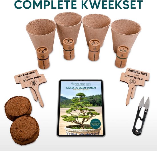 Bonsai starterkit met potten, zaden, schaartje, kokostabletten en digitale instructies.
