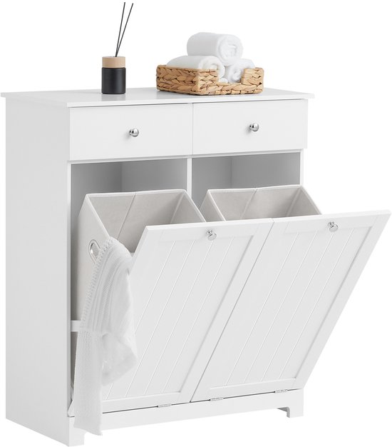 SoBuy Badkamerkast met Wasmanden - Opbergkast, WC Kast, Lage Kast met 2 Lades en 2 Verwijderbare Mandjes, Badkameropbergkast, Wasgoedkistin Hout, Wit, 78x38x90 cm, BZR33-II-W
