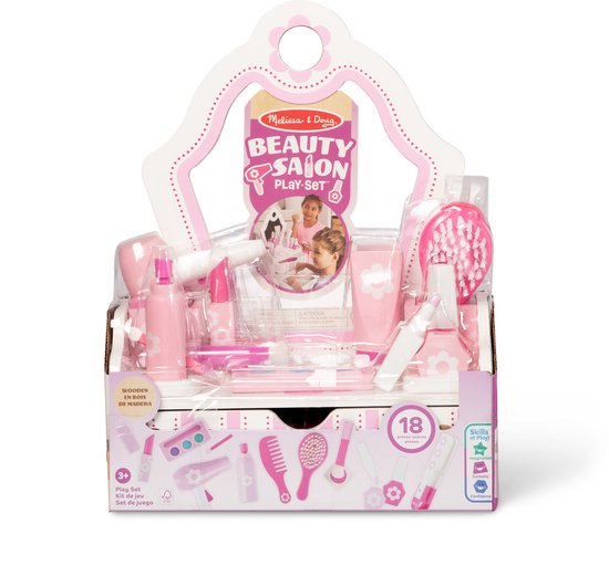 Verpakking van de Melissa & Doug houten beauty salon speelset in roze en wit, met 18 stukken.