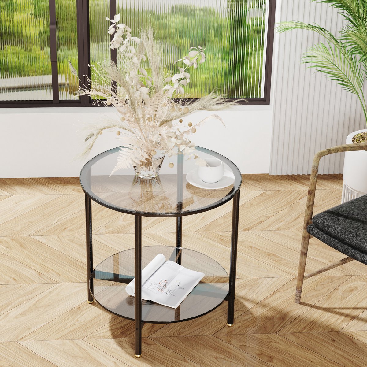 Artloge Bijzettafel rond - salontafel - glazen tafel met metalen frame - 50x50cm - 2-laags gehard glas - bijzettafeltje - sofatafel - voor woonkamer slaapkamer kantoor - grijs getint