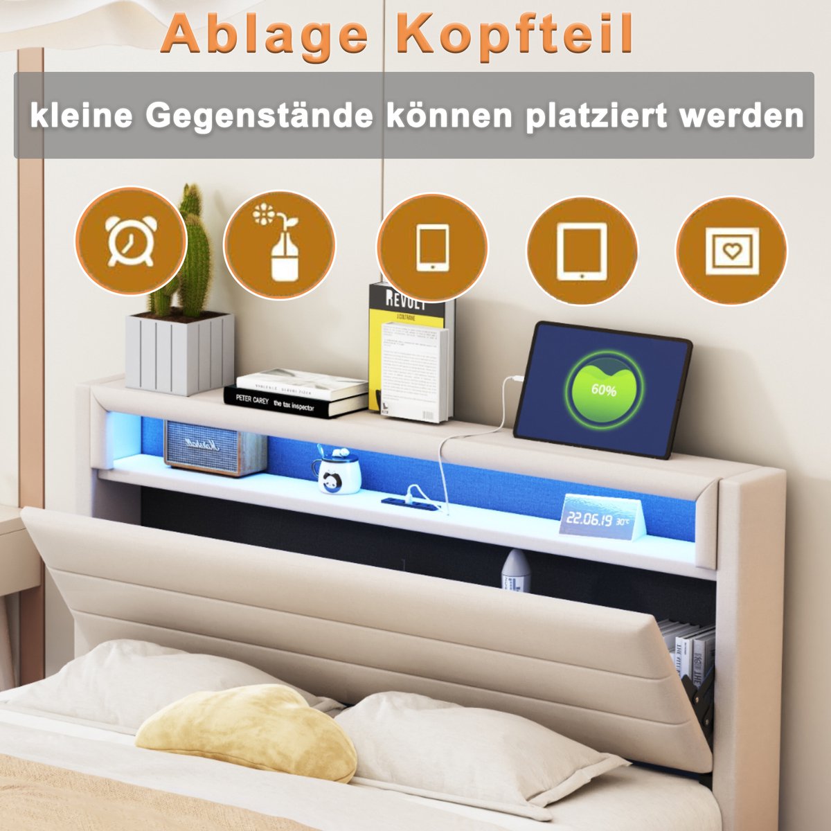Merax Gestoffeerd bed 140x200 cm met USB-aansluiting en LED-verlichting - omkeerbaar hoofdeinde - verborgen voeteneinde - beige - zonder matras