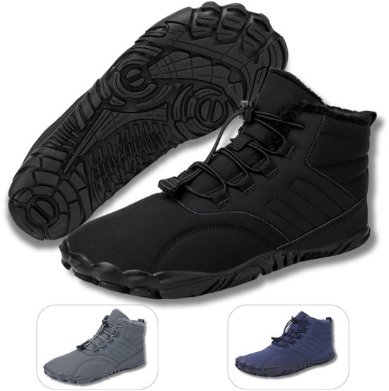 Chaussure barefoot noire DOTALES TrekStep, côté et semelle, avec des inserts de chaussures grises et bleues.