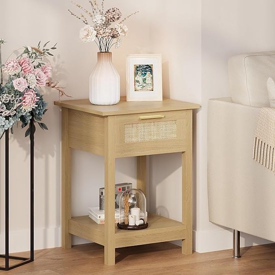 Beige fluwelen nachtkastje met lade, open plank en RGB LED-lamp