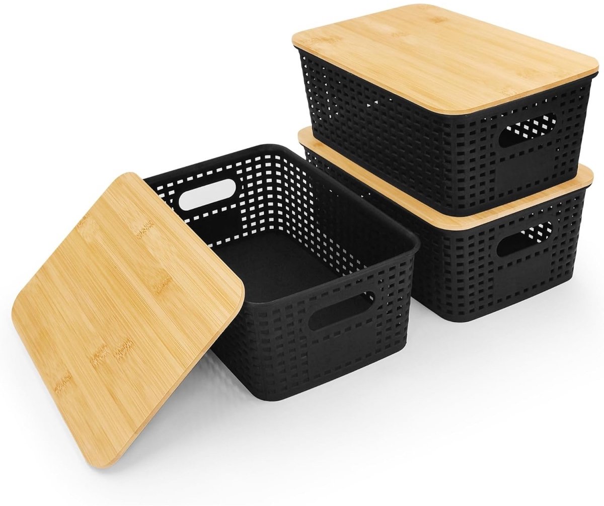 TOVBMUP Bamboe Opbergdoos met Deksel - Klein - Verpakking van 3 - Opbergdoos met Deksel - Zwart - 25x18x10cm - Kunststof - Stapelbare Opbergdoos - Geschikt voor Keukenopslag, Manden, Containers