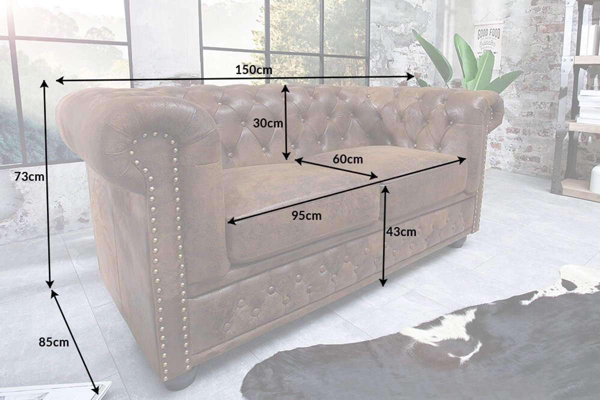 Chesterfield 2-zitsbank 150cm antiekbruin met knoopstiksel en veerkern - 17109