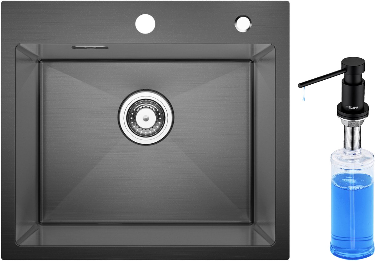 CECIPA max Spoelbak Antraciet 50x45CM - Spoelbak Met Zeepdispenser(300ML) - Spoelbakken met Kraangat - Spoelbak Keuken - Spoelbakken Keuken - Wasbak Keuken - RVS