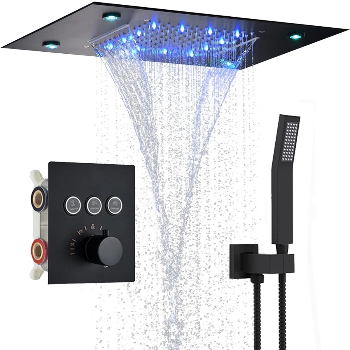 Fubzz Douchekop Regendouche Set - Doucheset - Doucheslang - 35 x 50 cm - Waterval - LED Plafond - 3 Standen - Zwart
