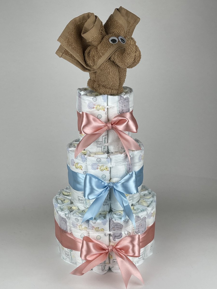 Chouette-Chouette | Luiertaart Neutraal | Kraamcadeau | Geboorte Jongen Meisje | Babyshower | Olifant Sand - donker Poeder Roze - Blauw