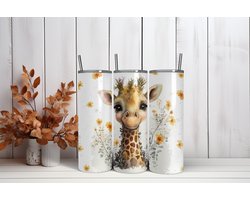 Thermosbeker Giraf - 600 ml RVS Tumbler met draaidop en rietje + extra dop met los rietje - Dierenprint drinkbeker - Schoolbeker - To go beker - Werkbeker - Thermosbeker - 600ML - Warm en koud