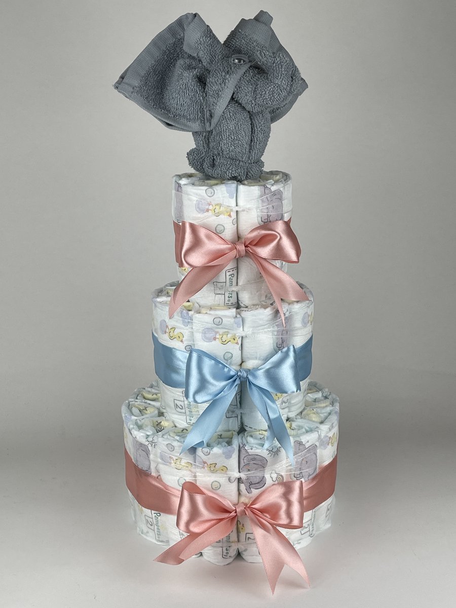 Chouette-Chouette | Luiertaart Neutraal | Kraamcadeau | Geboorte Jongen Meisje | Babyshower | Olifant Grey-Blue - donker Poeder Roze - Blauw