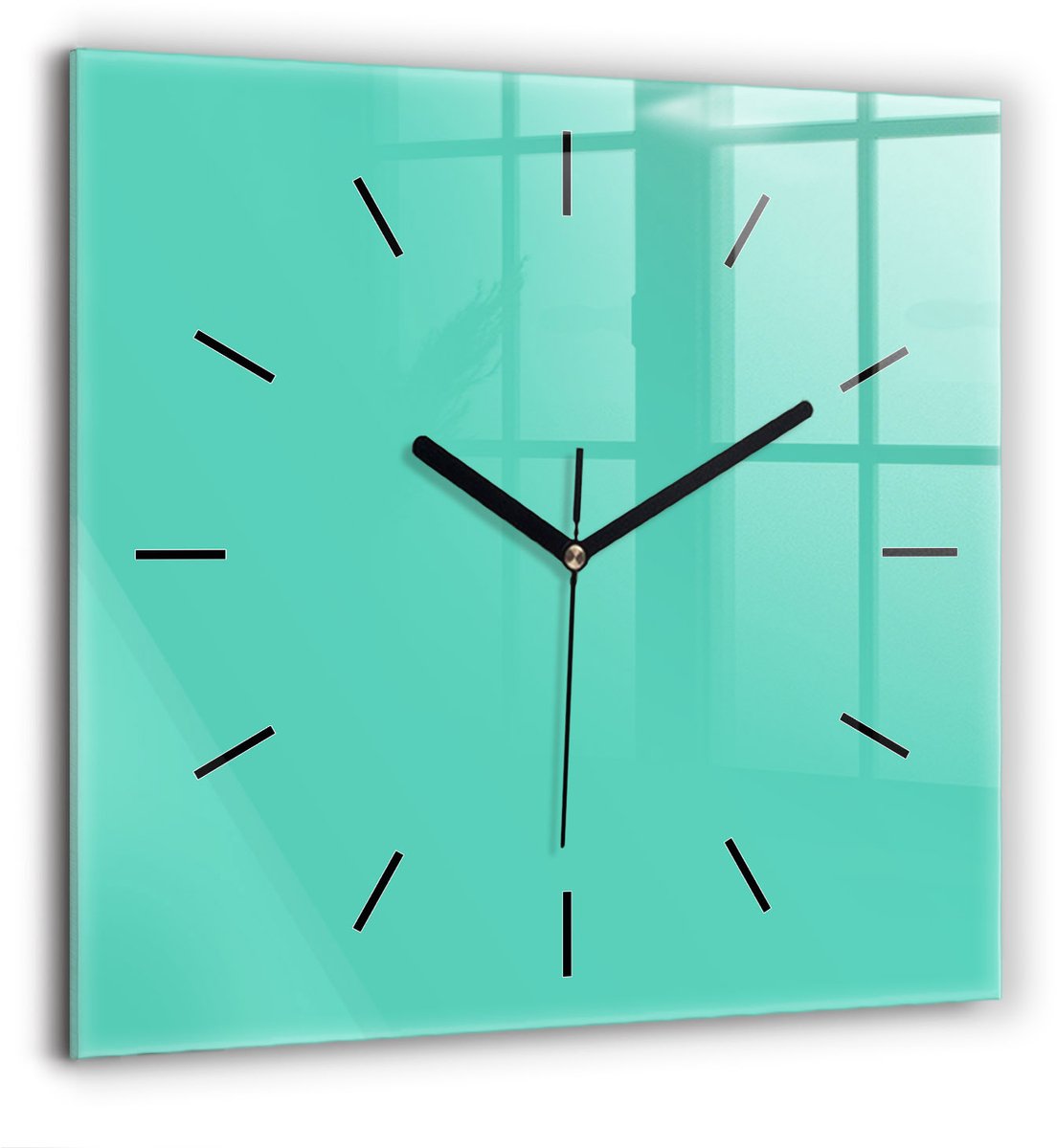 Wallfluent Wandklok - Turkoois Vierkante Glazen Wandklok - 60 cm x 60 cm - Turkoois Wandklok - Zwarte Handen - Wandklok Zonder Cijfers - Wandklok Glas Woonkamer - Vierkante Glas Klok - Scandinavisch Wandklok - Vierkante Glazen Klok