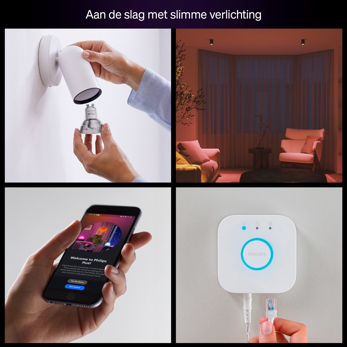 Philips Hue Essential starterkit - wit en gekleurd licht - 1 Bridge - 3 GU10-spots en dimmer switch – foto 5