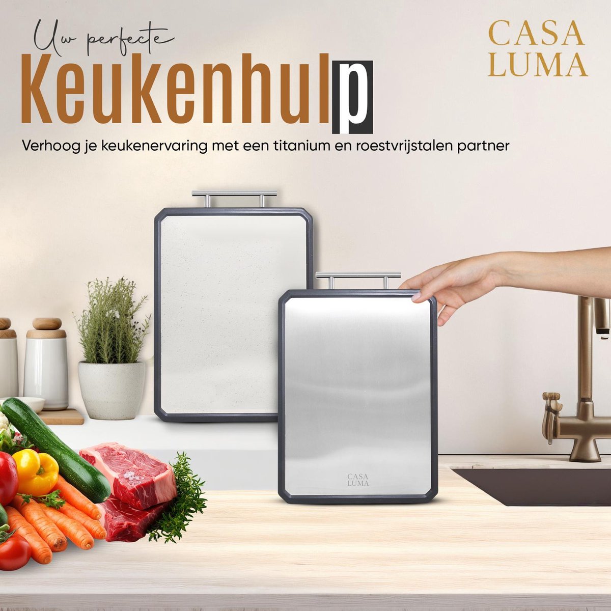 CASA LUMA Snijplank-RVS Titanium – Dubbelzijdig – Vaatwasser bestendig – Hygiënisch – Antislip – BPA-vrij- Antibacterieel – Duurzaam – Professionele Keukenplank voor Vlees, Vis, Groente & Brood — afbeelding 4