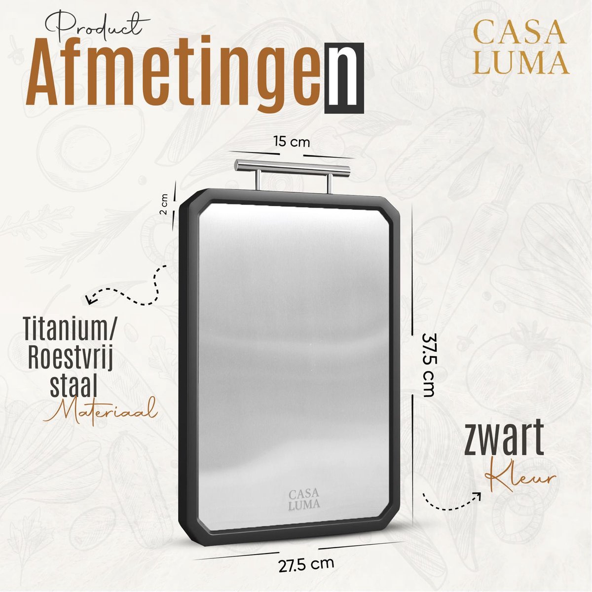 CASA LUMA Snijplank-RVS Titanium – Dubbelzijdig – Vaatwasser bestendig – Hygiënisch – Antislip – BPA-vrij- Antibacterieel – Duurzaam – Professionele Keukenplank voor Vlees, Vis, Groente & Brood — afbeelding 6