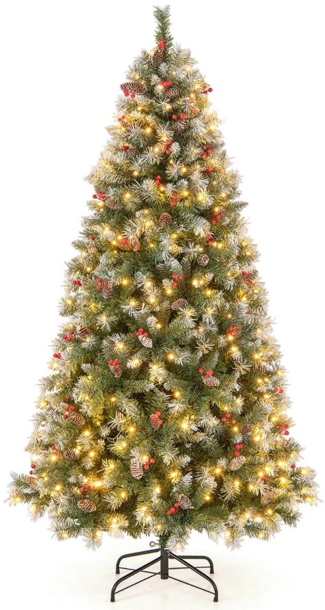 Opvouwbare 195 cm kerstboom met 909 takpunten, 420 LED-lampjes, 8 verlichtingsmodi, dennenappels en rode bessen.