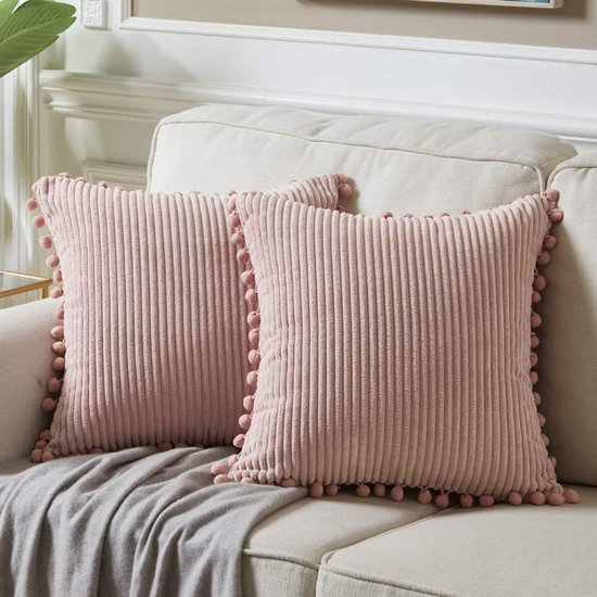 Taies d'oreiller 2 pièces - Tissu velours côtelé avec bordure à pompons - Coussins unis et doux pour canapé et chambre - Décoration scandinave (45 x 45 cm, rose)