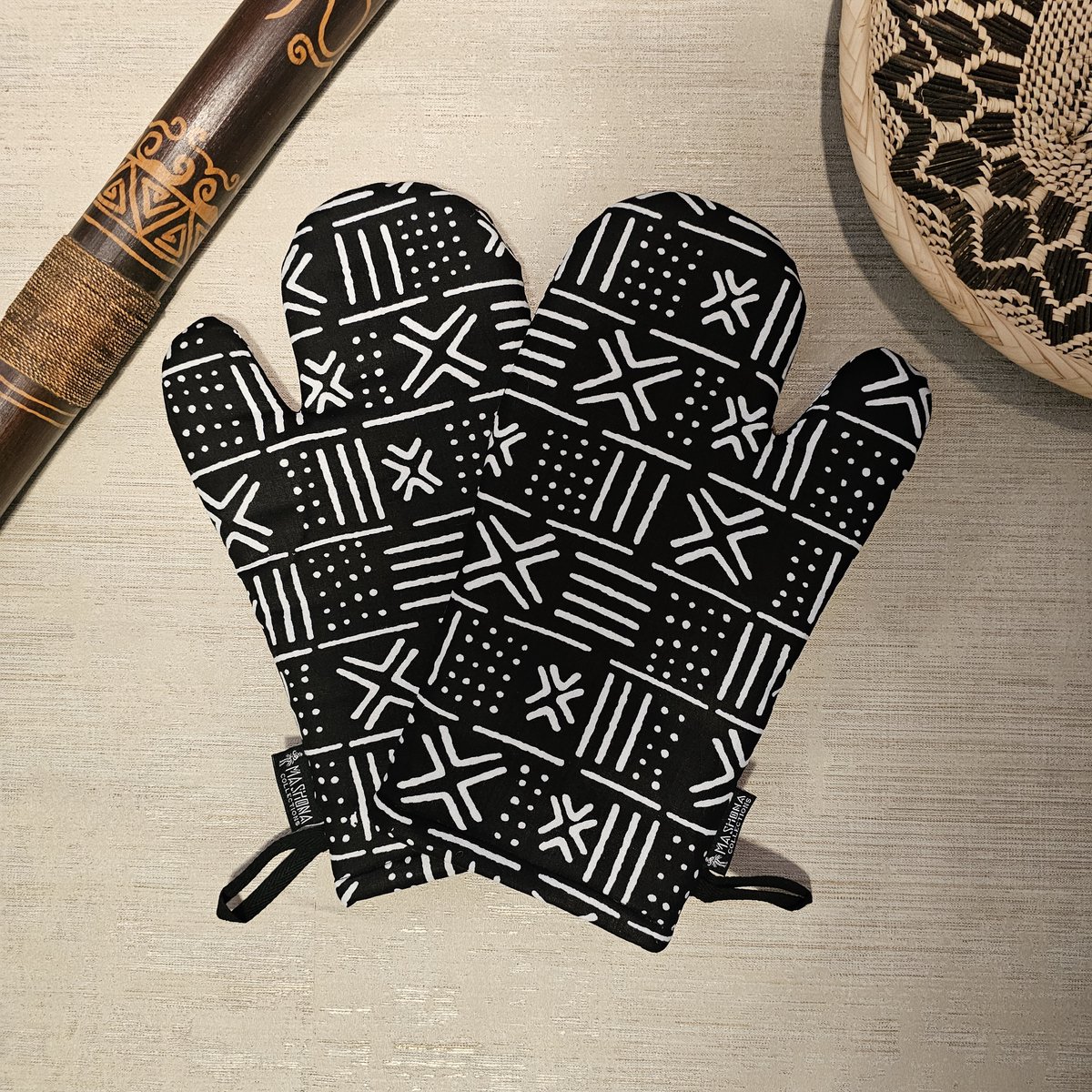Ovenwanten | Set van 2| Handgemaakte Afrikaanse Boheemse stijl geometrische 'Mudcloth' Bogolan geïnspireerde print ovenwanten.